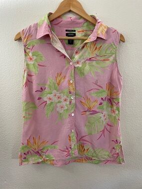 Izod Pink 100% silk Tropical Floral Sleeveless Button-Down Shirt 12